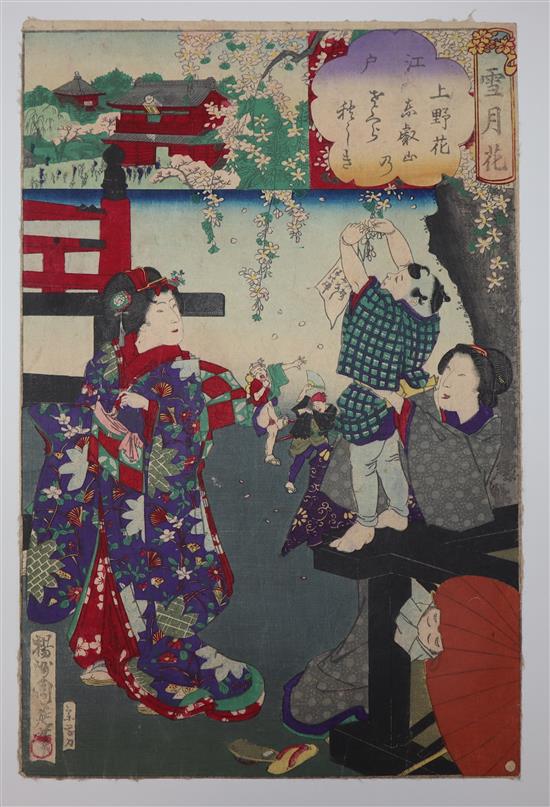 Chinkanobu Toyohara (1838-1912) Depicting cherry blossoms Minami-gun and Ueno, Moon of Saga and from the River Sumida